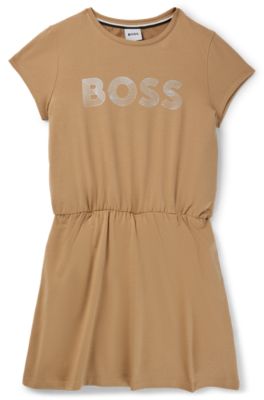 키즈 러스트러스 로고 프린트 스트레치 코튼 드레스, 브라운