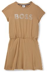 Kids' dress in stretch cotton with lustrous logo print, Brown