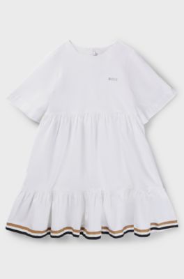 Vestito con maniche a tre quarti da bambina con logo e righe tipiche del marchio, Bianco