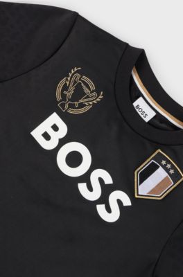 Kids' T-shirt in stretch fabric with embroidered patches, Black