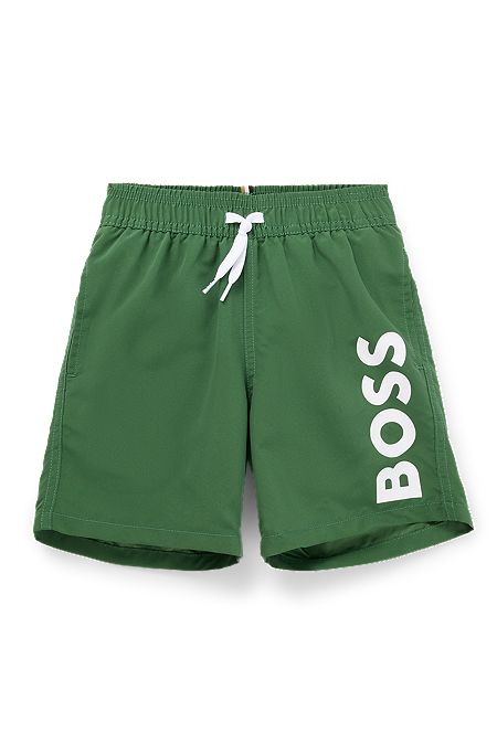 Kids' quick-dry swim shorts with vertical logo, Dark Green