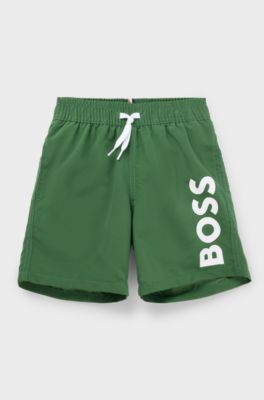 Boxer da mare ad asciugatura rapida per bambini con logo verticale, Verde scuro