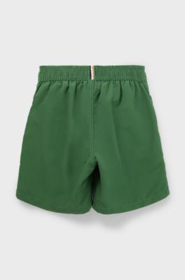 Kids' quick-dry swim shorts with vertical logo, Dark Green