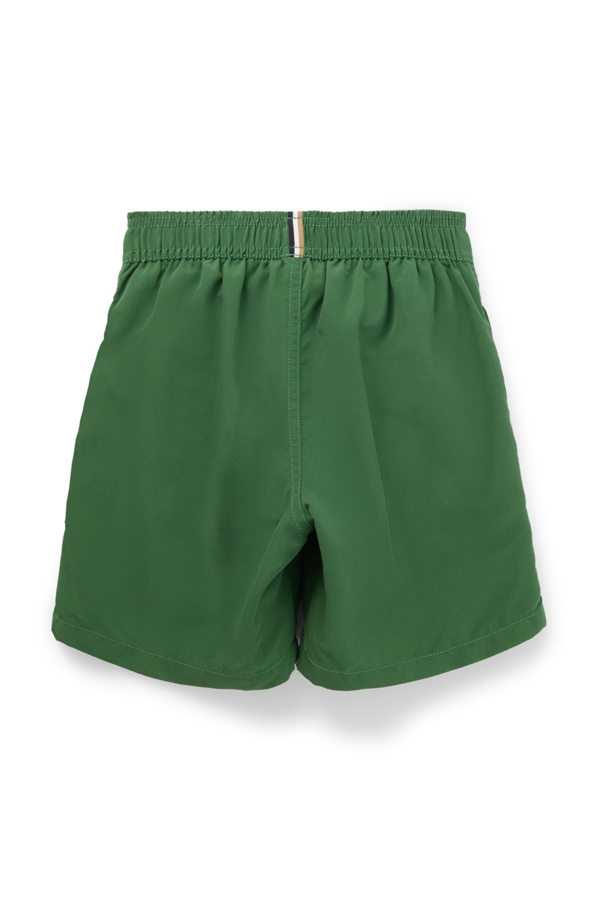 Kids' quick-dry swim shorts with vertical logo, Dark Green