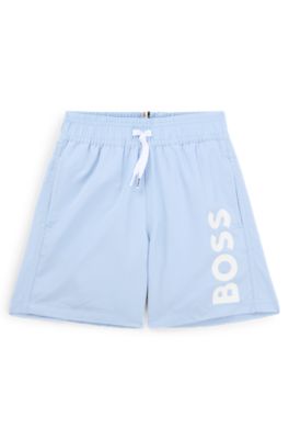 Kids' quick-dry swim shorts with vertical logo, Light Blue