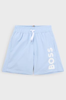 Kids' quick-dry swim shorts with vertical logo, Light Blue