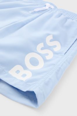 Kids' quick-dry swim shorts with vertical logo, Light Blue