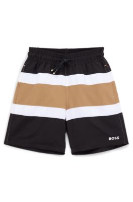 Kids' quick-dry swim shorts with printed stripes, Black