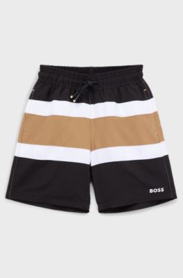 Kids' quick-dry swim shorts with printed stripes, Black