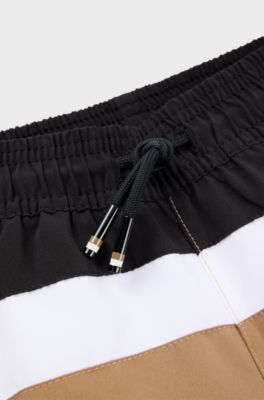 Kids' quick-dry swim shorts with printed stripes, Black