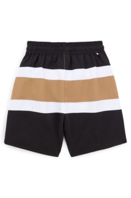 Kids' quick-dry swim shorts with printed stripes, Black
