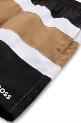 Kids' quick-dry swim shorts with printed stripes, Black