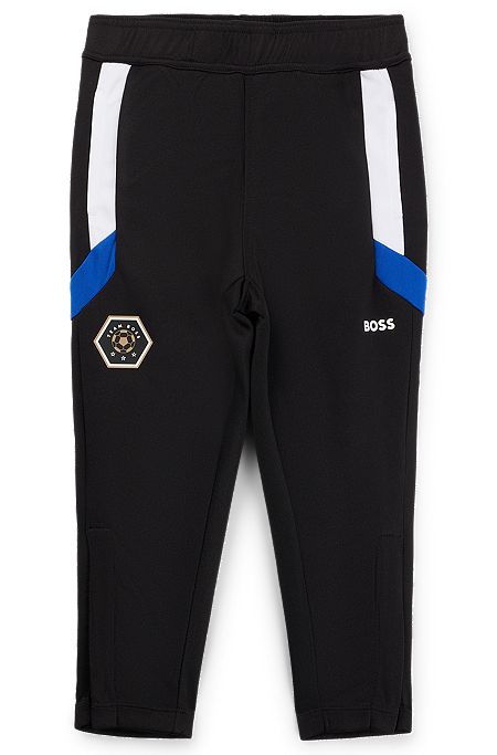 Kids' tracksuit bottoms with stripes and logo details, Black