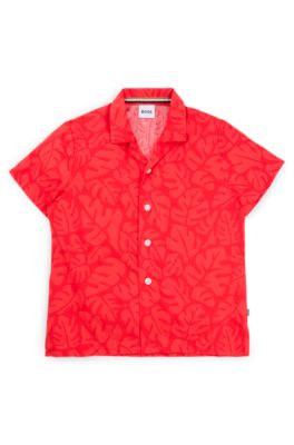 Camicia regular fit per bambini in cotone con stampa con foglie, Rosso