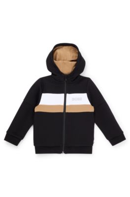 Felpa con cappuccio per bambini in pile di misto cotone a blocchi di colore, Nero