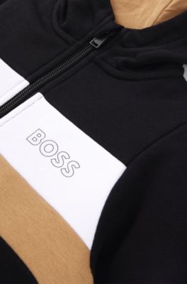 Felpa con cappuccio per bambini in pile di misto cotone a blocchi di colore, Nero