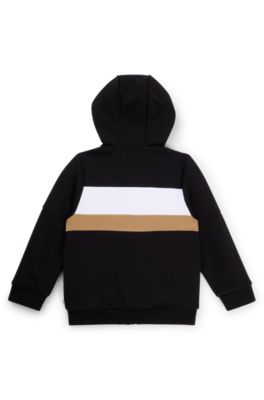 Felpa con cappuccio per bambini in pile di misto cotone a blocchi di colore, Nero