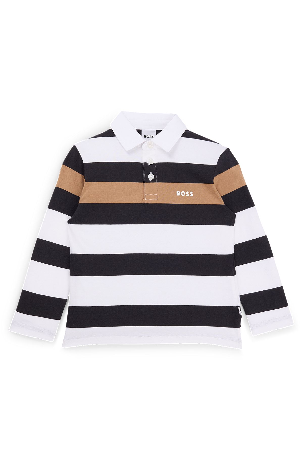 Kids' long-sleeved polo shirt in cotton with stripes, Black