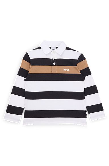 Kids' long-sleeved polo shirt in cotton with stripes, Black