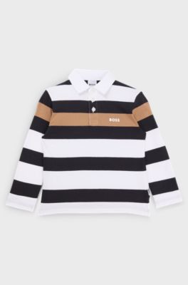Kids' long-sleeved polo shirt in cotton with stripes, Black