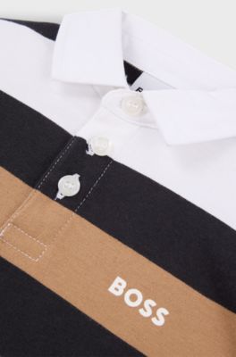 Kids' long-sleeved polo shirt in cotton with stripes, Black