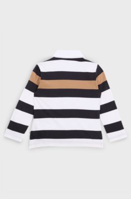 Kids' long-sleeved polo shirt in cotton with stripes, Black