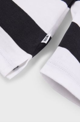 Kids' long-sleeved polo shirt in cotton with stripes, Black