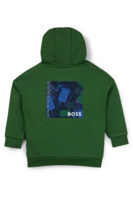Kids' fleece hoodie with logos and artwork, Dark Green