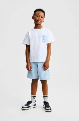 Kids' loose-fit T-shirt in striped and plain cotton, Light Blue