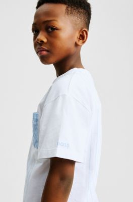 Kids' loose-fit T-shirt in striped and plain cotton, Light Blue