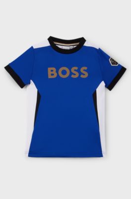 Kids' slim-fit T-shirt with colour-blocking and branding, Blue