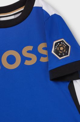 Kids' slim-fit T-shirt with colour-blocking and branding, Blue