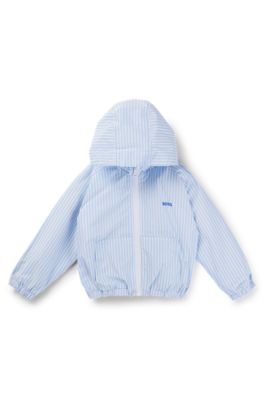 Kids' hooded rain jacket with stripes and logo print, Light Blue