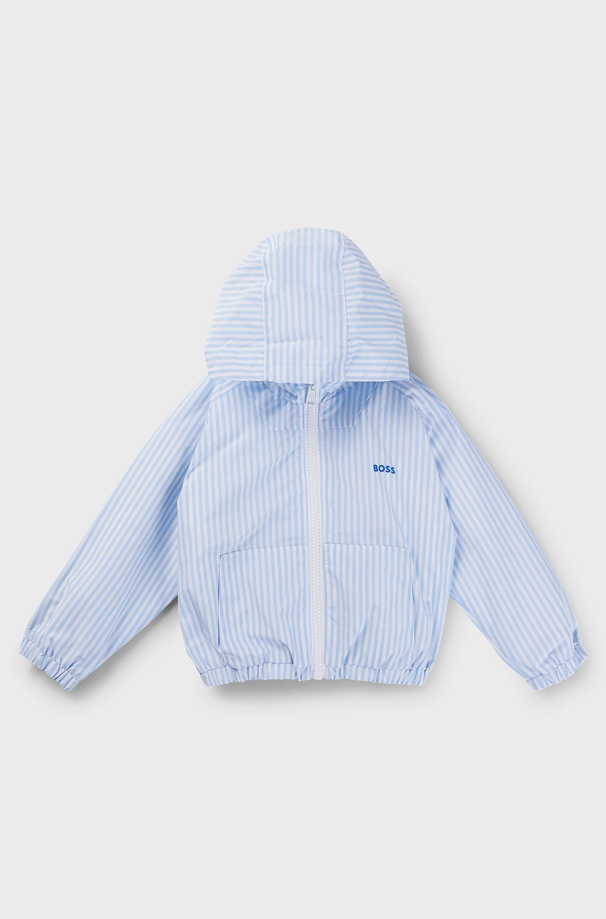 Kids' hooded rain jacket with stripes and logo print, Light Blue