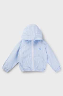 Kids' hooded rain jacket with stripes and logo print, Light Blue