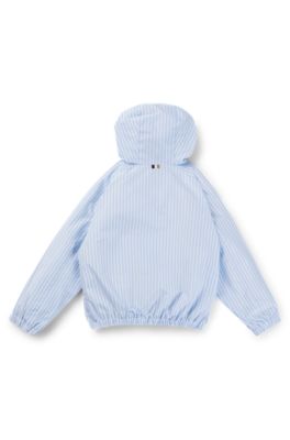 Kids' hooded rain jacket with stripes and logo print, Light Blue