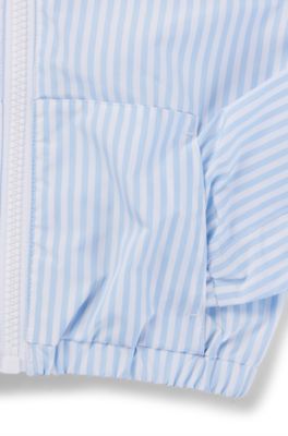 Kids' hooded rain jacket with stripes and logo print, Light Blue