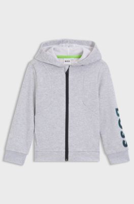 Felpa con cappuccio in pile per bambini con zip e logo goffrato, Grigio chiaro