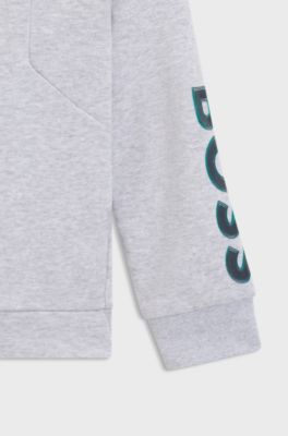 Felpa con cappuccio in pile per bambini con zip e logo goffrato, Grigio chiaro