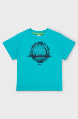 Kids' loose-fit T-shirt in cotton with seasonal print, Turquoise