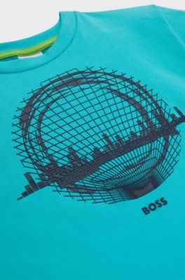 Kids' loose-fit T-shirt in cotton with seasonal print, Turquoise