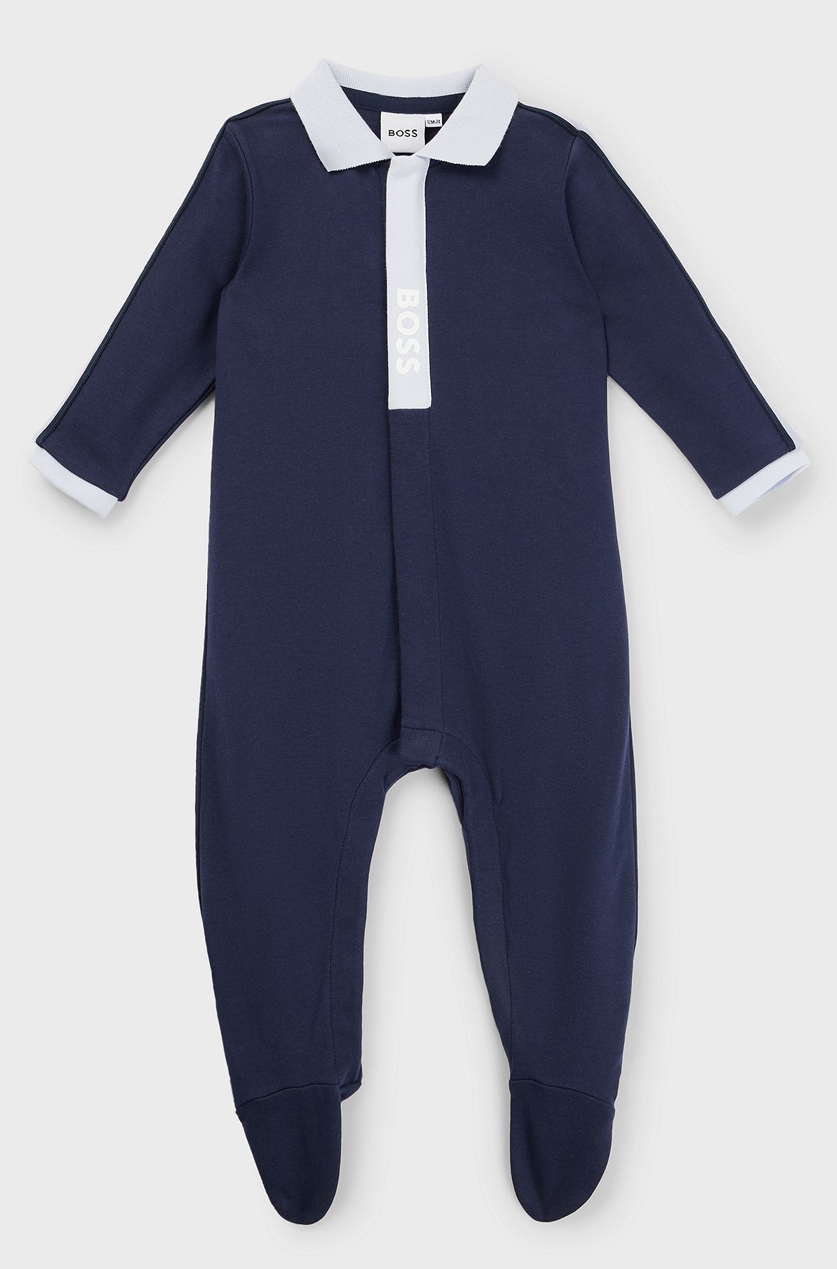 Baby sleepsuit in cotton with logo-print placket, Dark Blue