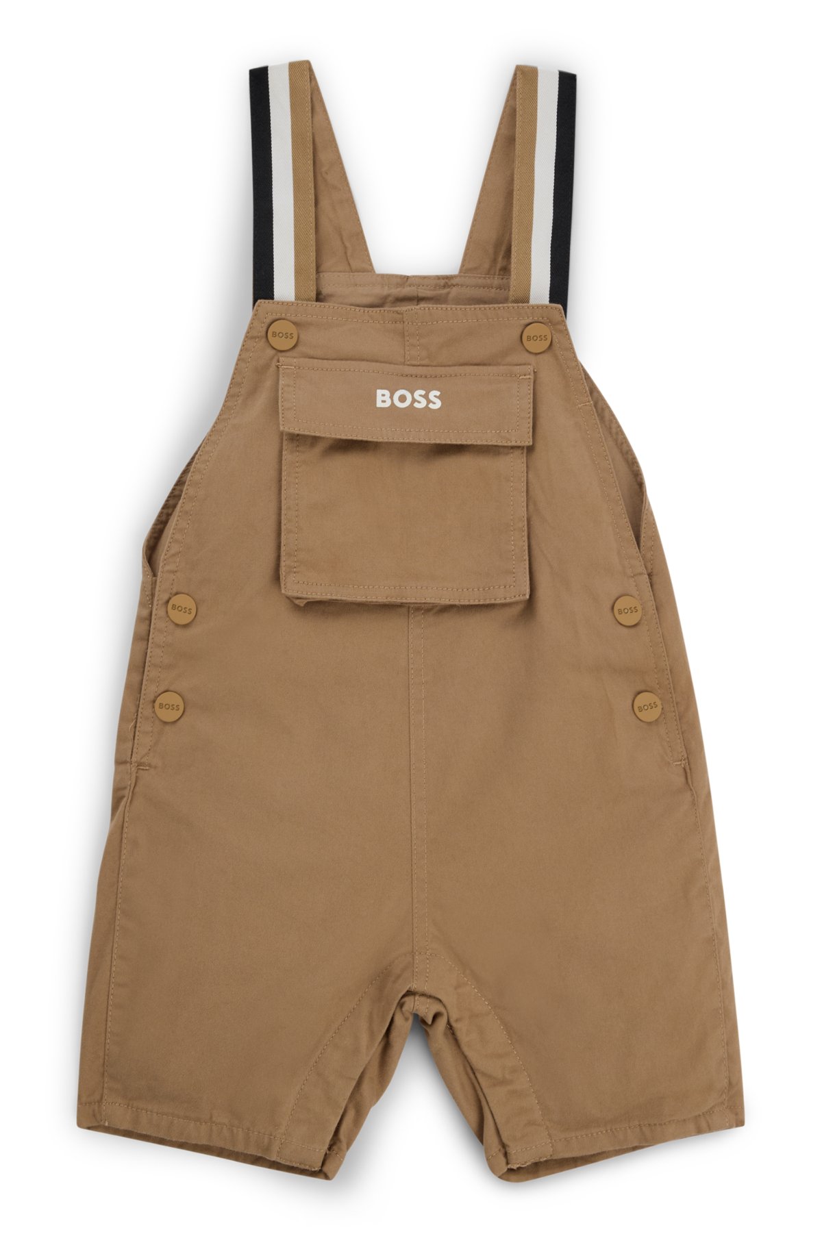 Baby dungarees in stretch cotton with embroidered logo, Brown
