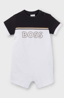 Baby playsuit in stretch cotton with logo print, White