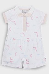 Baby playsuit in interlock cotton with printed logo pattern, Patterned