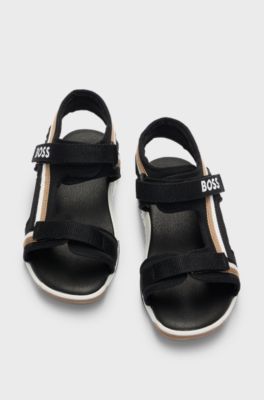 Sandali per bambini con righe tipiche del marchio e logo a contrasto, Nero