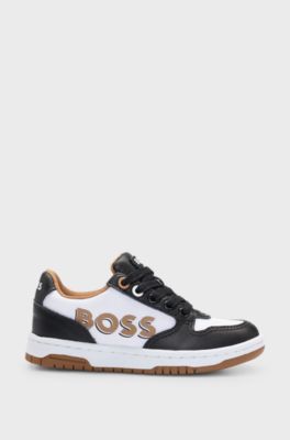 Sneakers per bambini in tela e pelle con logo goffrato, Nero