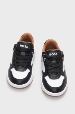 Sneakers per bambini in tela e pelle con logo goffrato, Nero