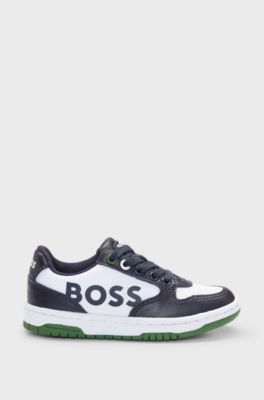 Sneakers per bambini in tela e pelle con logo goffrato, Blu scuro