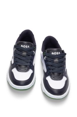 Kids' trainers in canvas and leather with embossed branding, Dark Blue